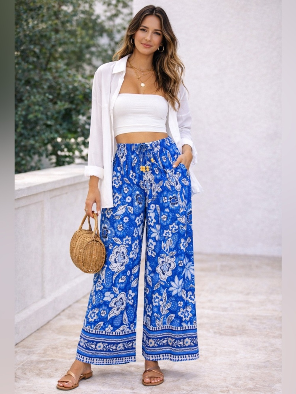 Nicole Miller Blue Floral Palazzo Pants Wide Leg Boho Resort High Waist Medium